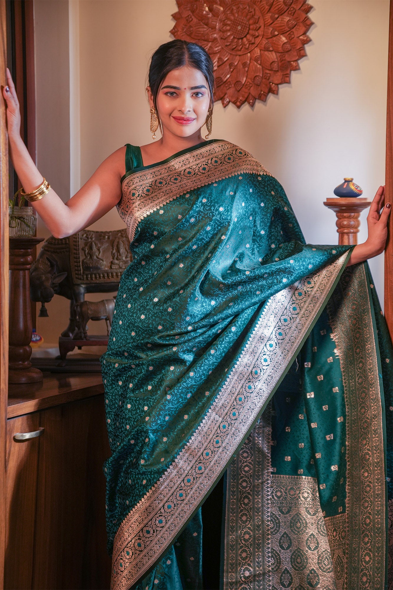 Royal Green Jamdani Banarasi Satin Silk Saree