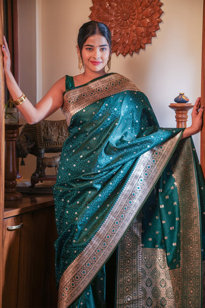 Royal Green Jamdani Banarasi Satin Silk Saree