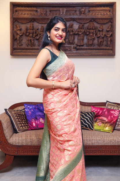 Pastel Pink and Green Banarasi Georgette Silk Saree