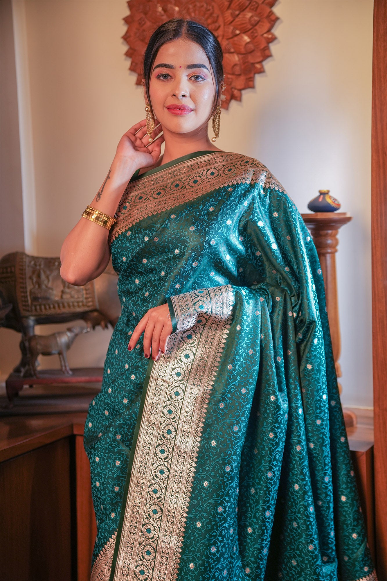 Royal Green Jamdani Banarasi Satin Silk Saree