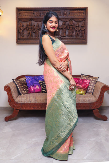 Pastel Pink and Green Banarasi Georgette Silk Saree