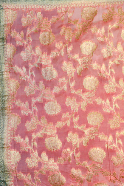 Pastel Pink and Green Banarasi Georgette Silk Saree