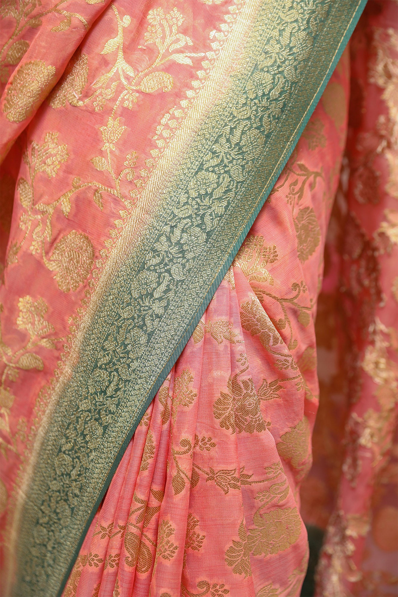 Pastel Pink and Green Banarasi Georgette Silk Saree