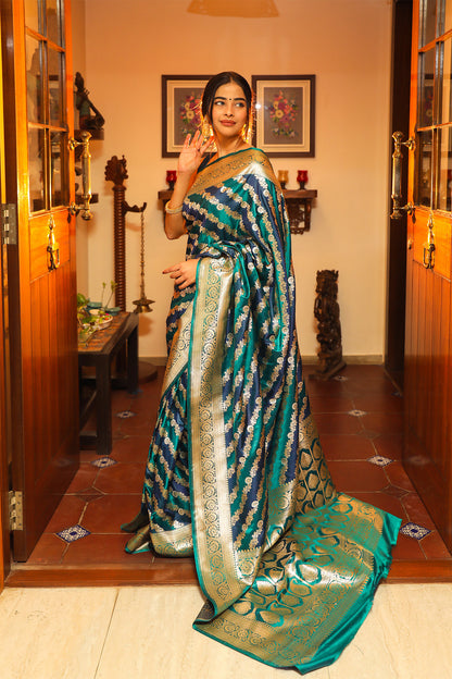 Blue and Rama Green Katan Handloom Banarasi Satin Silk Saree