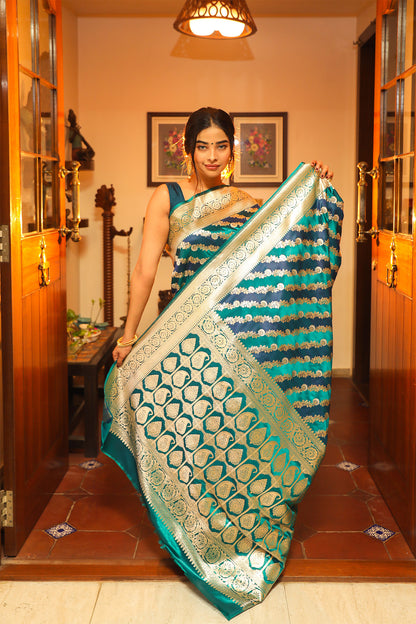 Blue and Rama Green Katan Handloom Banarasi Satin Silk Saree