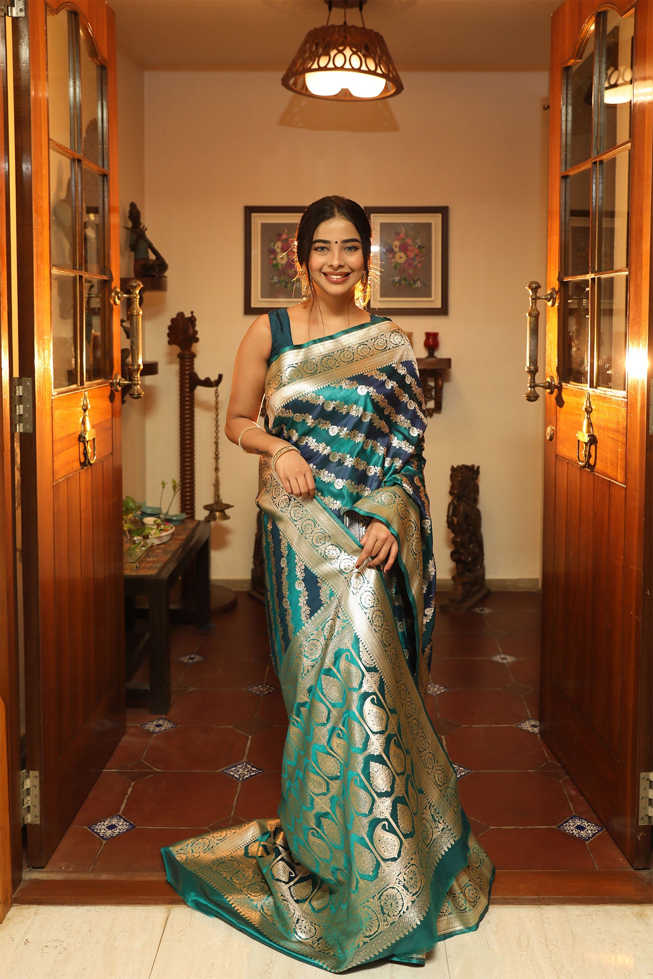 Blue and Rama Green Katan Handloom Banarasi Satin Silk Saree