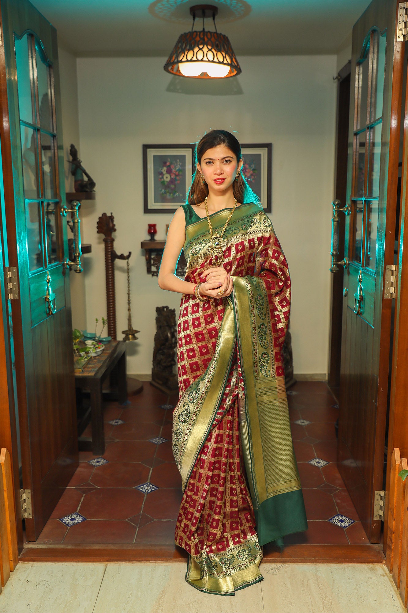 Maroon and Green Katan Gharchola Silk Saree