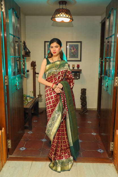 Maroon and Green Katan Gharchola Silk Saree