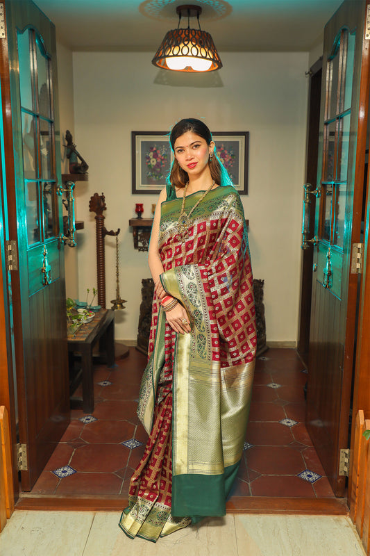 Maroon and Green Katan Gharchola Silk Saree