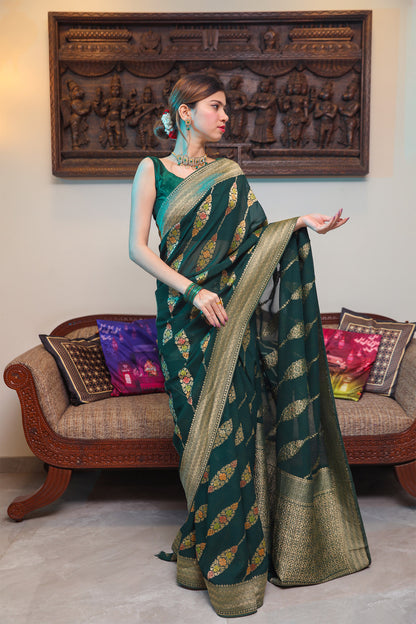 Bottle Green Handloom Georgette Silk Saree