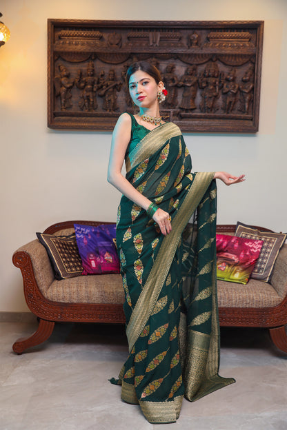 Bottle Green Handloom Georgette Silk Saree