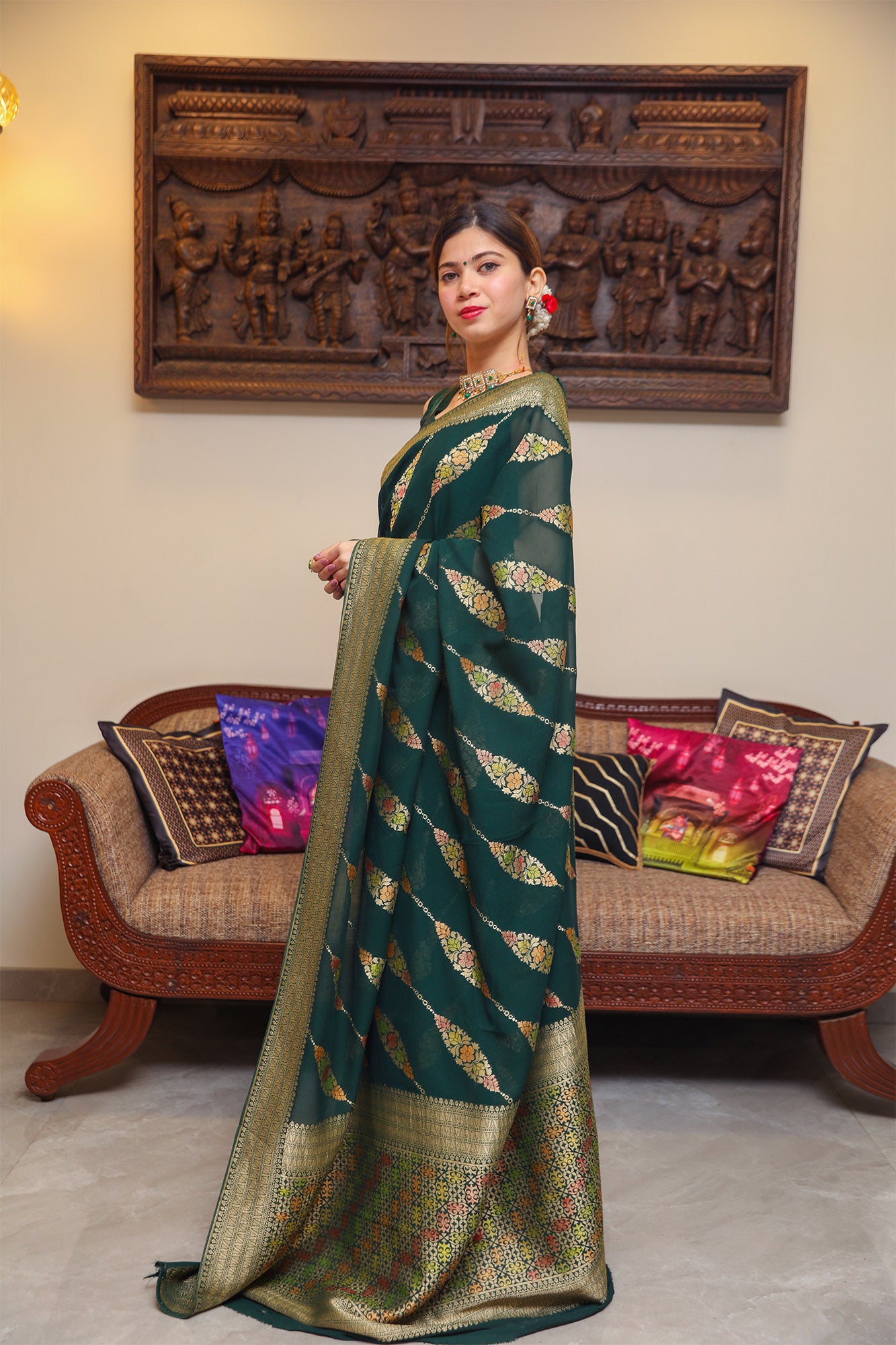 Bottle Green Handloom Georgette Silk Saree