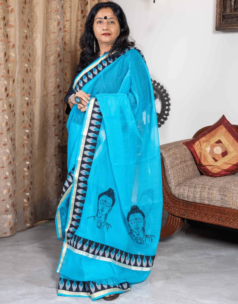 Blue Cotton Saree in Buddha Embroidery