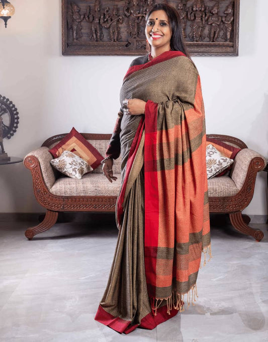 Brown & Red Moonga Cotton Silk Saree