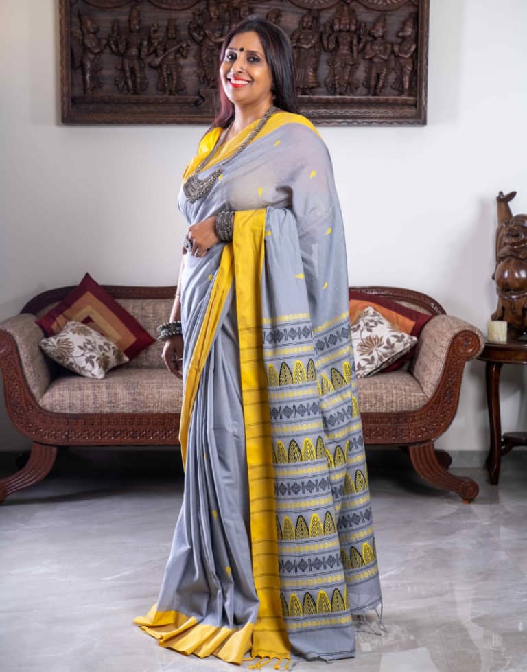Grey and Yellow Dongria Pattern Soft Cotton Saree