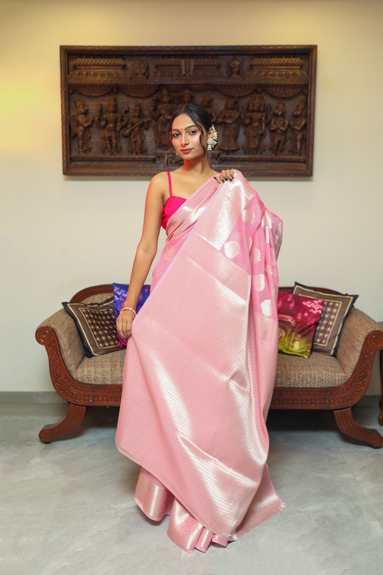 Baby Pink Mulberry Silk Saree - zameeni