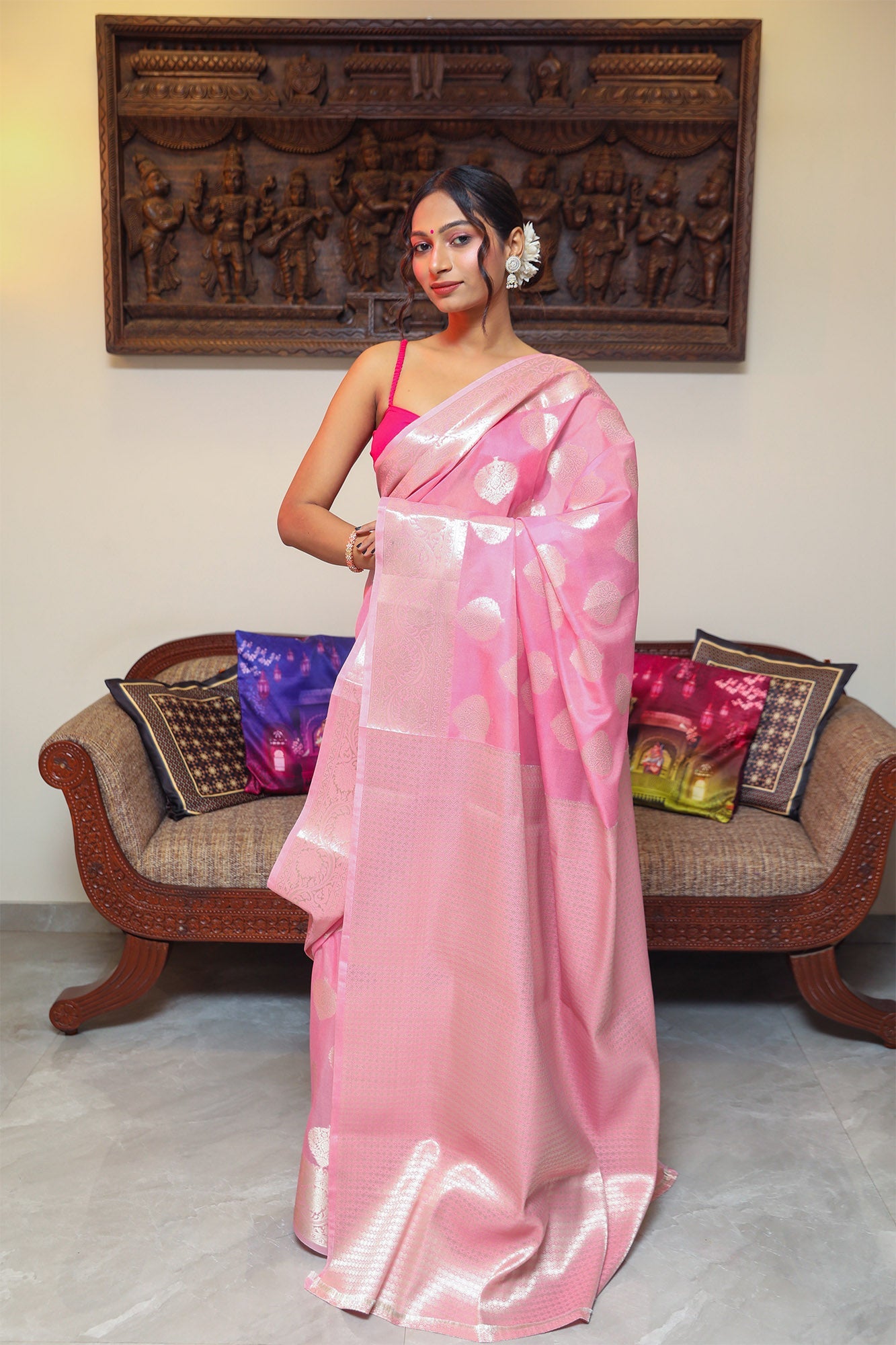 Baby Pink Mulberry Silk Saree - zameeni