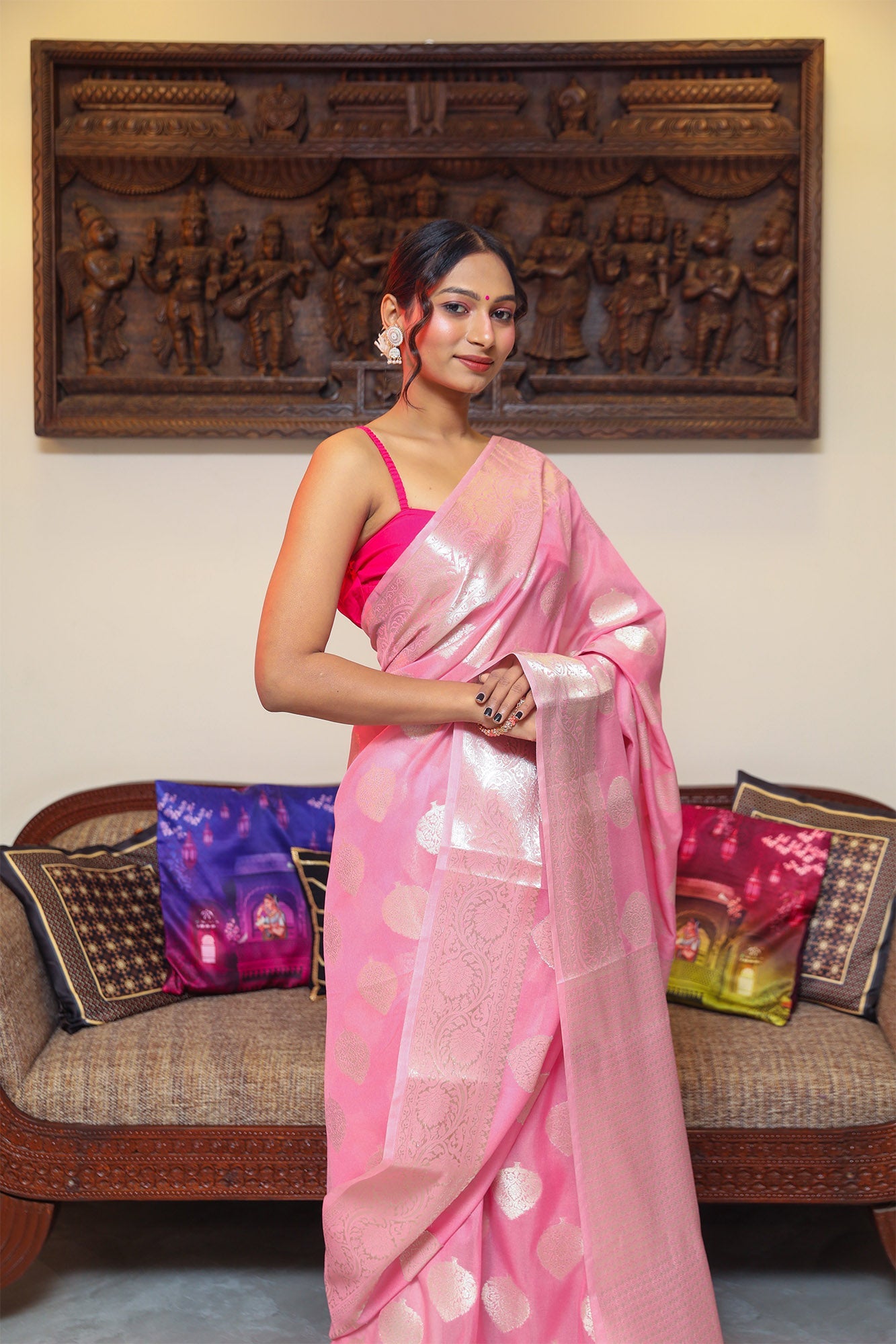 Baby Pink Mulberry Silk Saree - zameeni