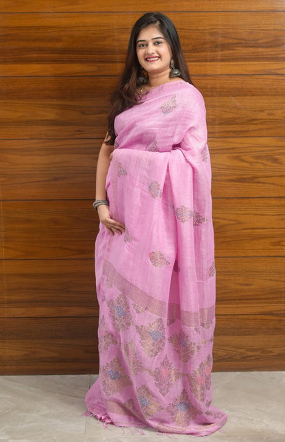 Baby pink organic linen Saree - zameeni