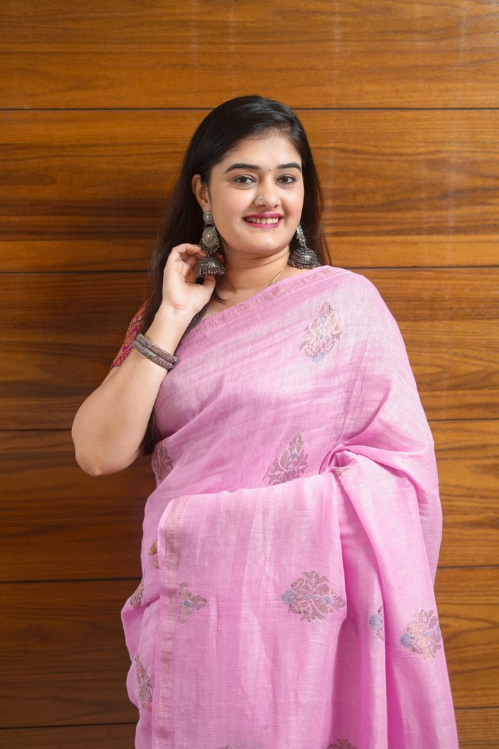 Baby pink organic linen Saree - zameeni