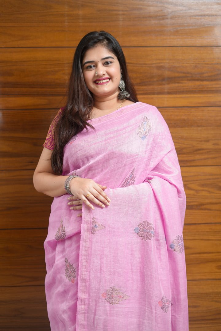 Baby pink organic linen Saree - zameeni