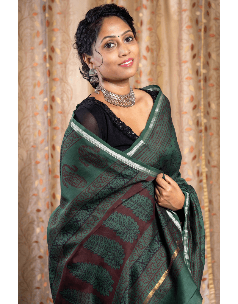 Bagh Print Cotton Silk Chanderi Saree Look - zameeni