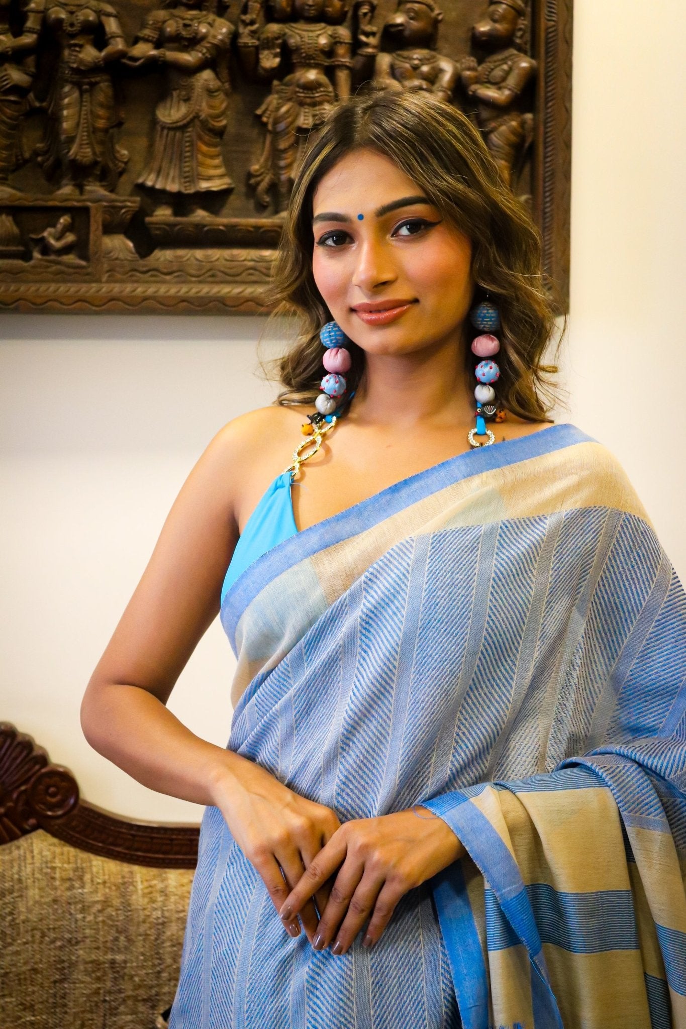 Beige and Blue Cotton Tussar Saree - zameeni