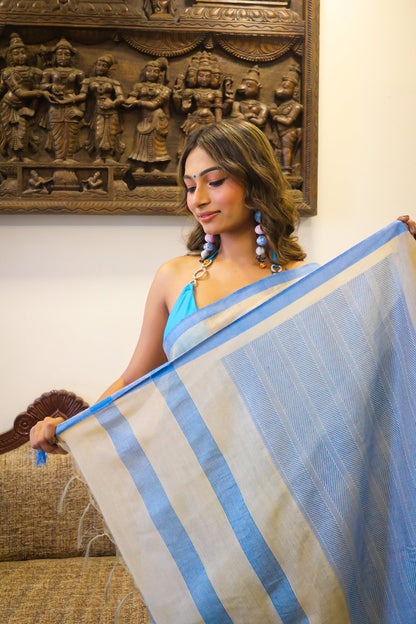 Beige and Blue Cotton Tussar Saree - zameeni