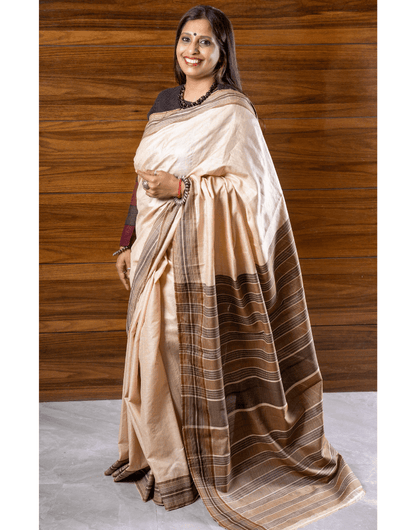 Beige and Brown Tussar Saree - zameeni