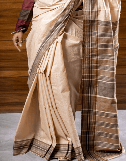 Beige and Brown Tussar Saree - zameeni