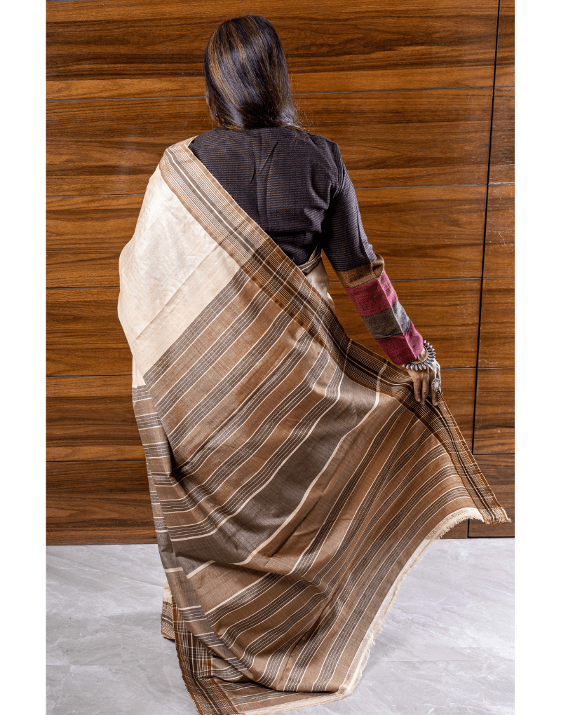 Beige and Brown Tussar Saree - zameeni