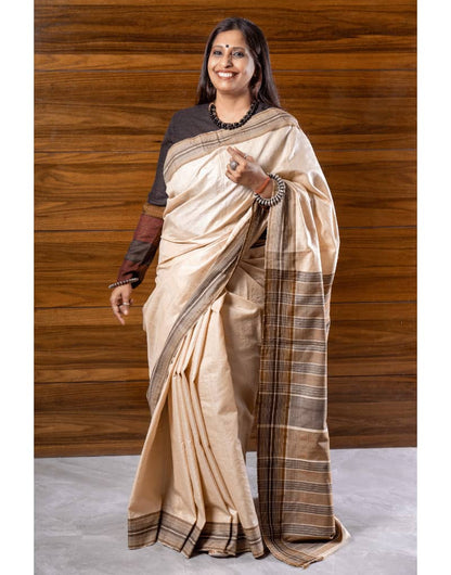 Beige and Brown Tussar Saree - zameeni