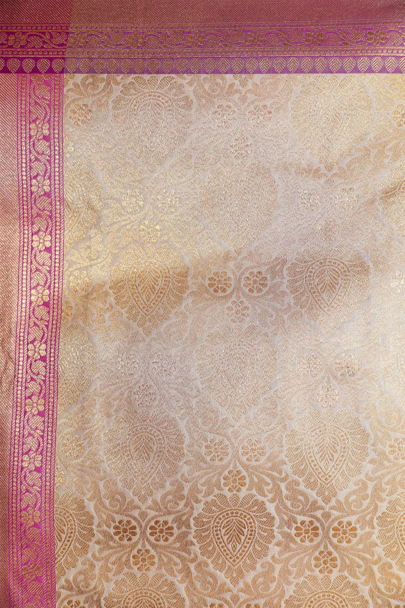 Beige and Magenta Katan Silk Kimkhab Saree - zameeni