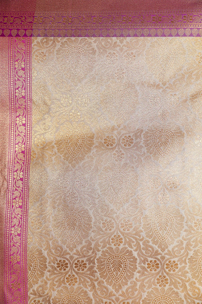 Beige and Magenta Katan Silk Kimkhab Saree - zameeni