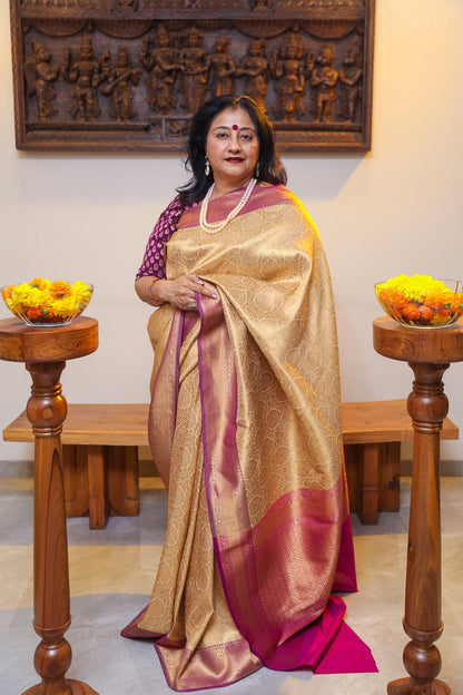 Beige and Magenta Katan Silk Kimkhab Saree - zameeni