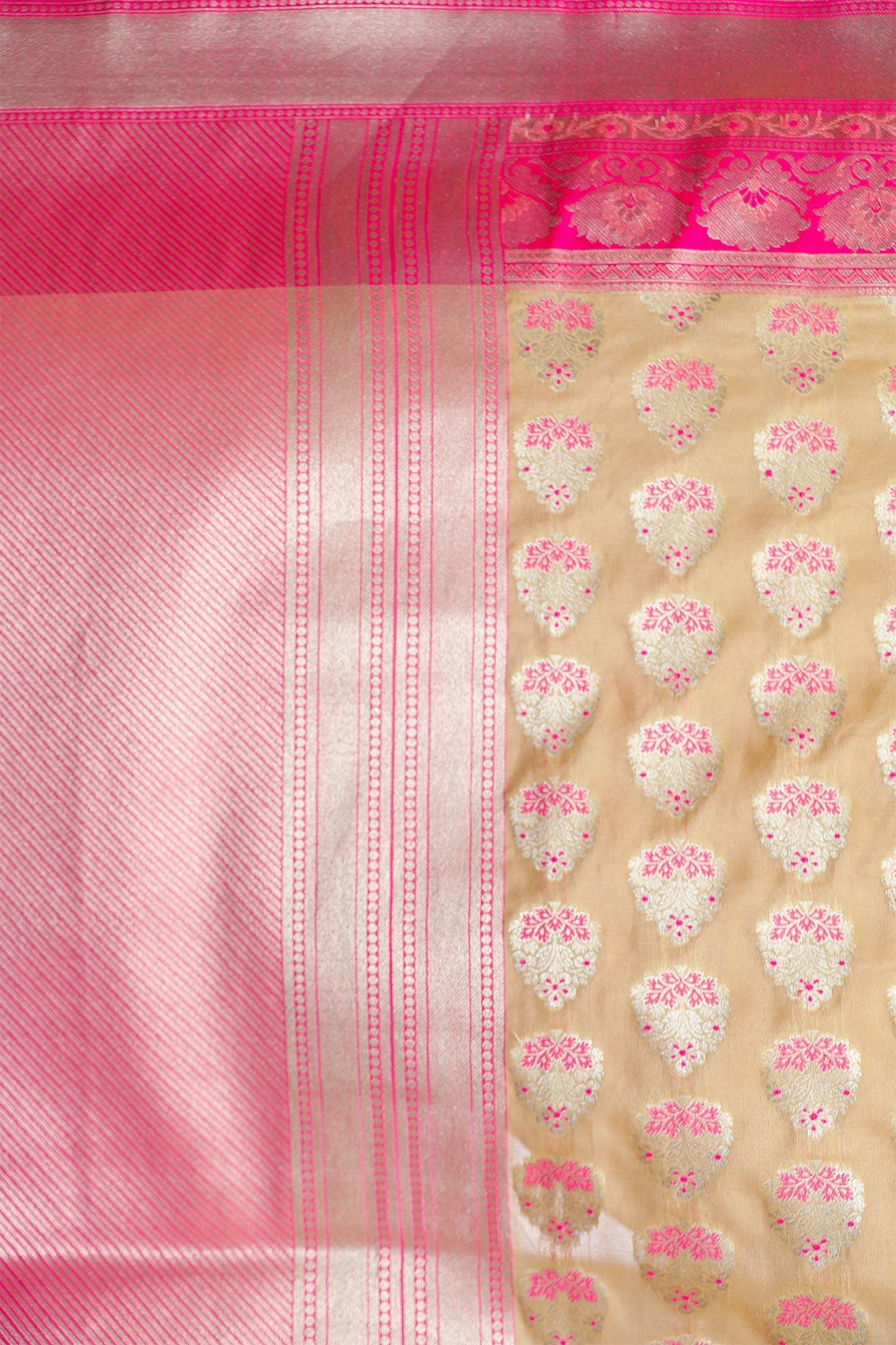 Beige and Pink Zari Katan Silk Saree - zameeni