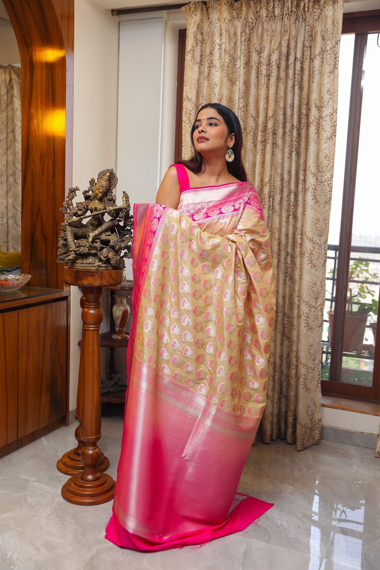 Beige and Pink Zari Katan Silk Saree - zameeni