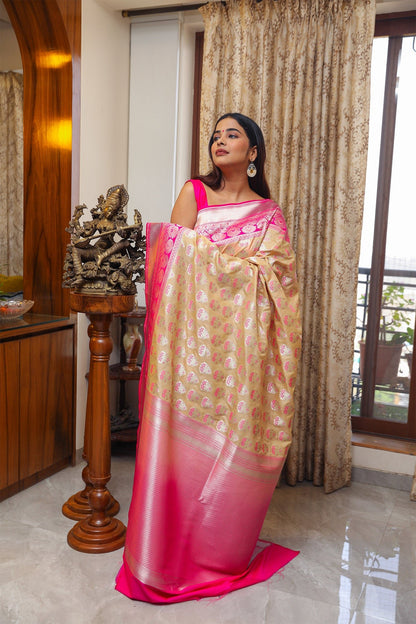 Beige and Pink Zari Katan Silk Saree - zameeni