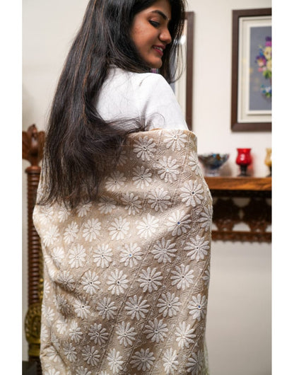 Beige and White Tussar Saree - zameeni