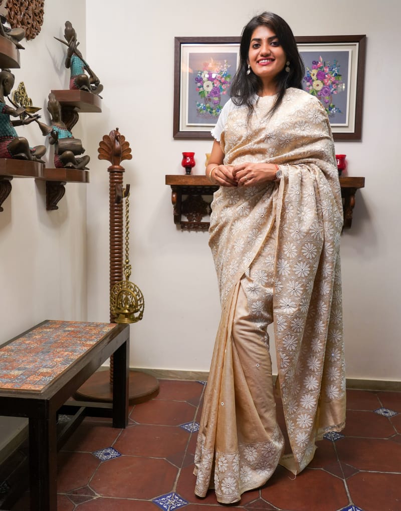 Beige and White Tussar Saree - zameeni