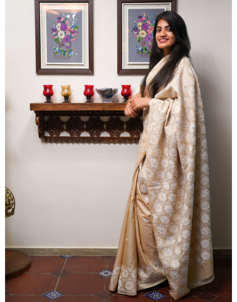 Beige and White Tussar Saree - zameeni