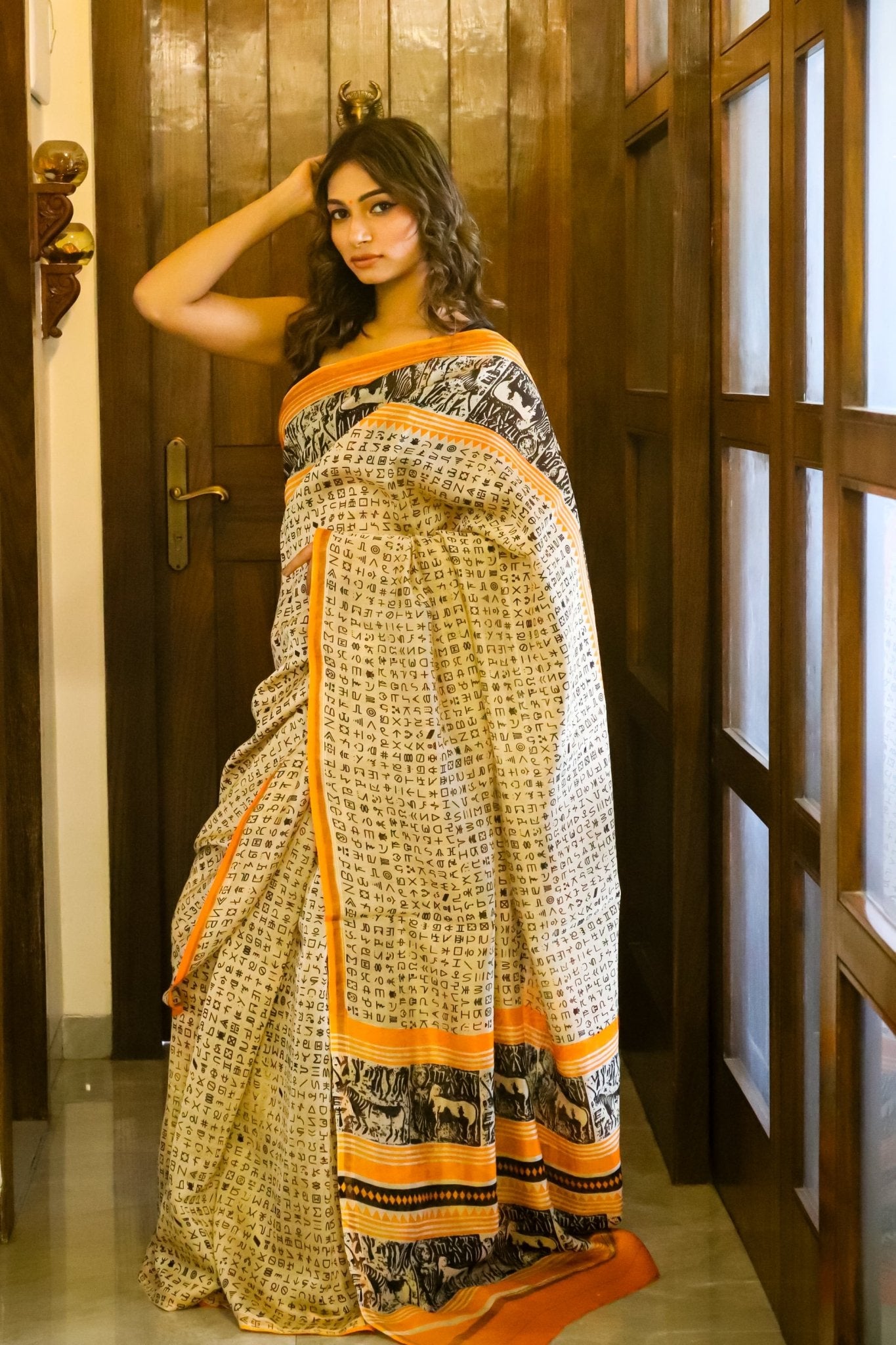 Beige Cotton Silk Saree with Harappan Block Prints - zameeni