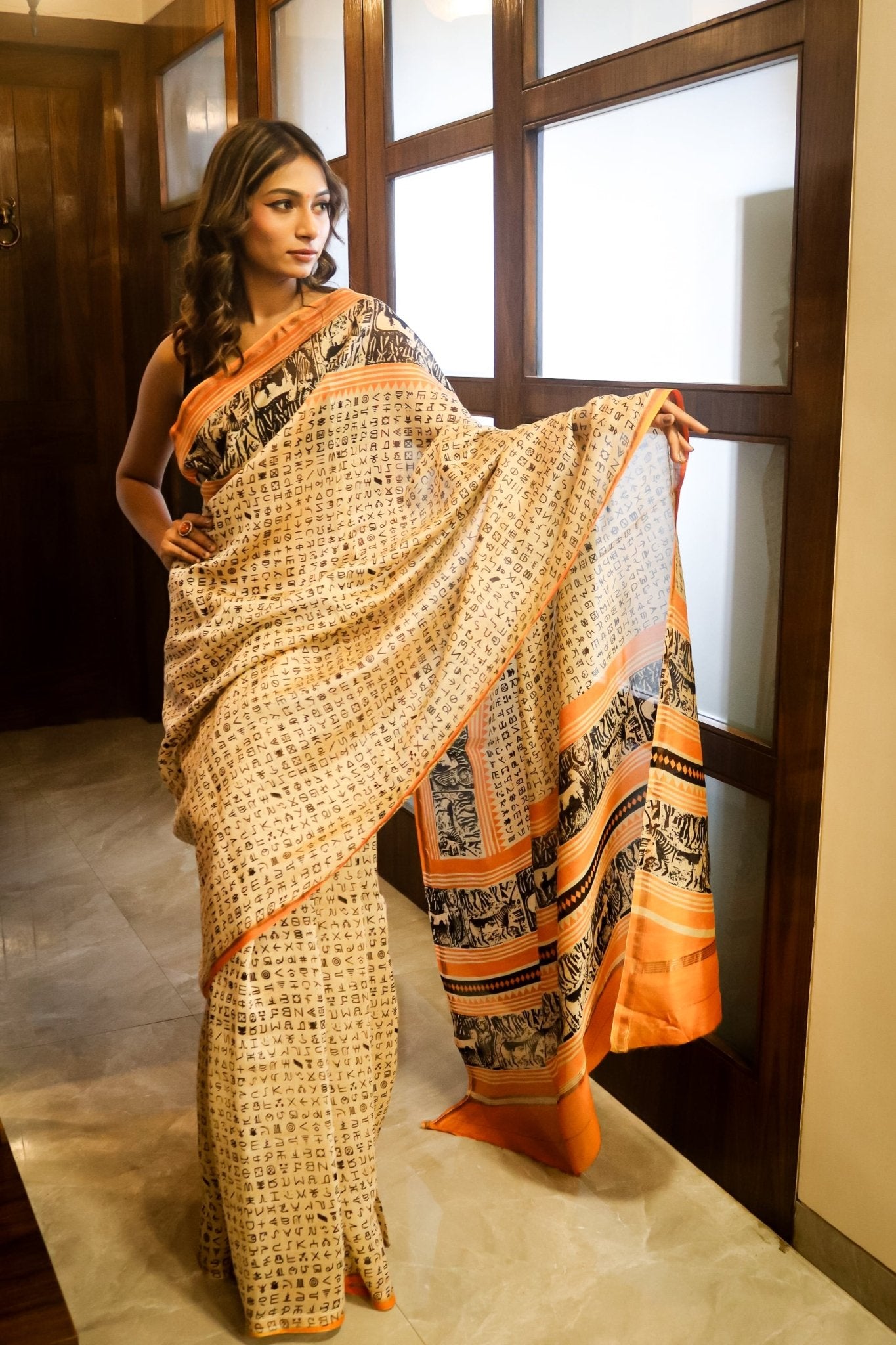 Beige Cotton Silk Saree with Harappan Block Prints - zameeni