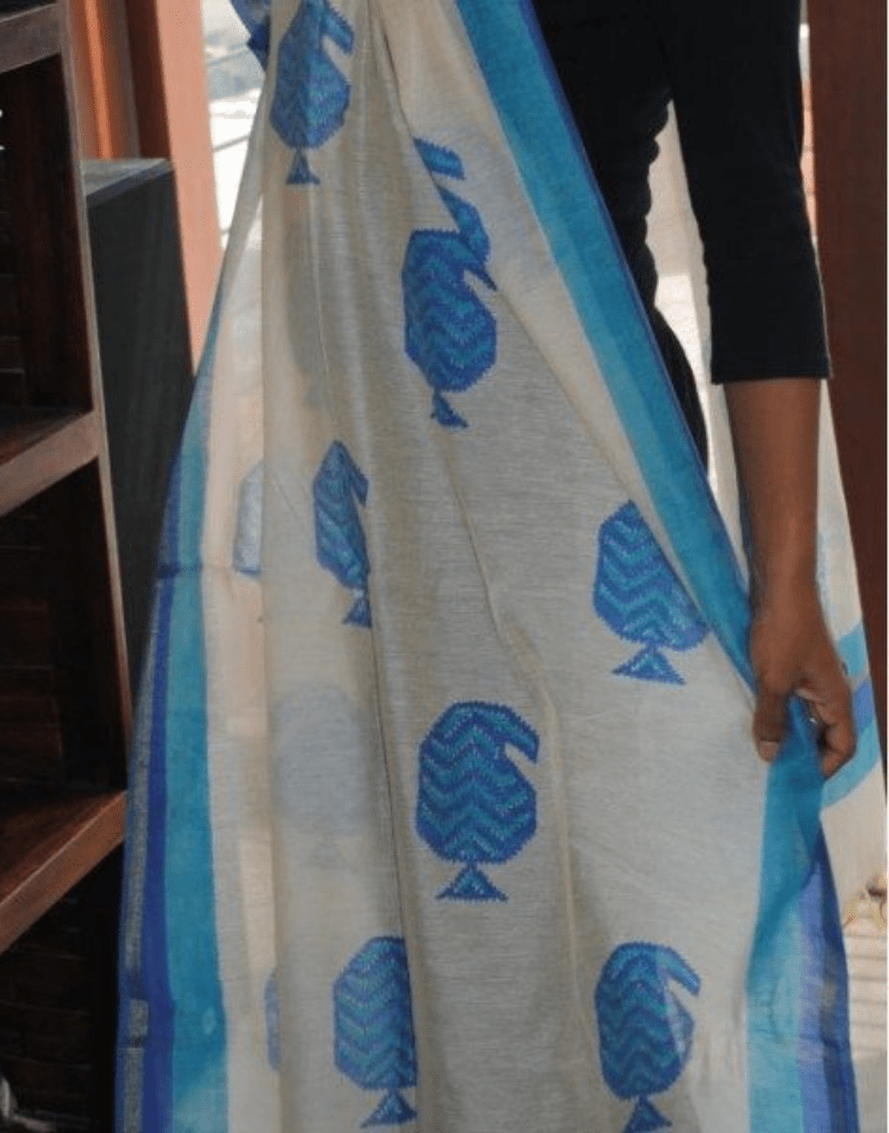 Beige Dupatta With Blue Trees Chanderi Cotton - zameeni