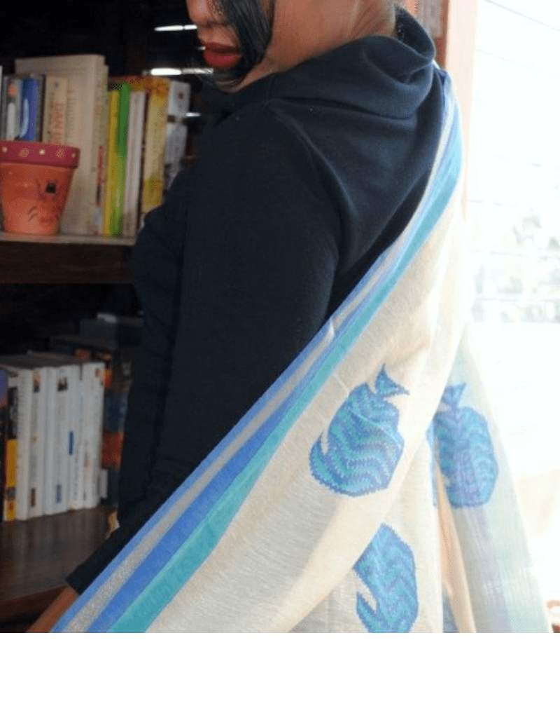 Beige Dupatta With Blue Trees Chanderi Cotton - zameeni