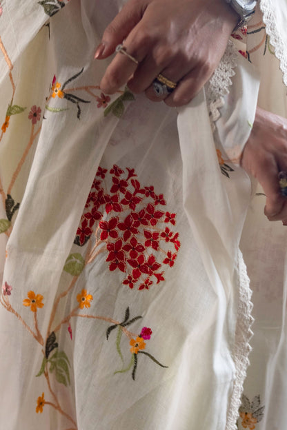 Mul White Dupatta with Red Floral Design