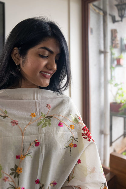 Mul White Dupatta with Red Floral Design