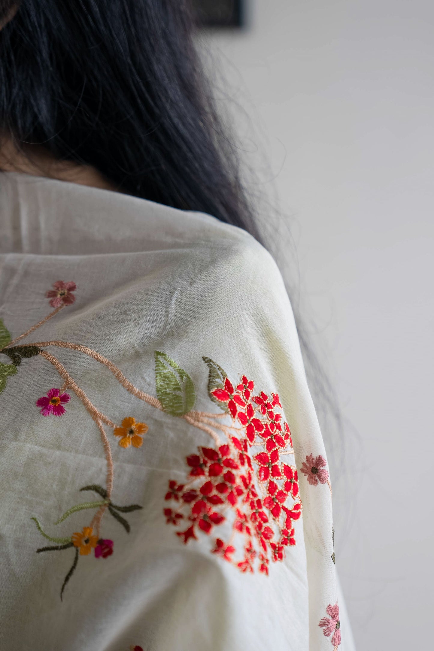 Mul White Dupatta with Red Floral Design