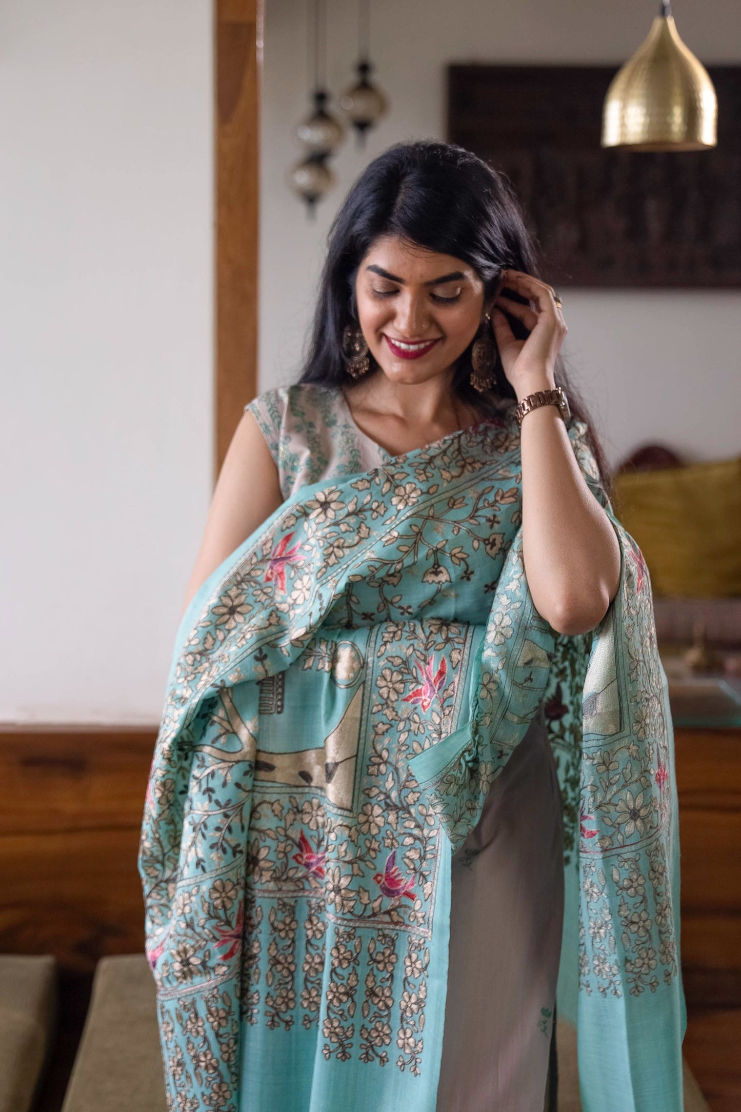 Aquamarine Pashmina Nalki Embroidered Zari Stole