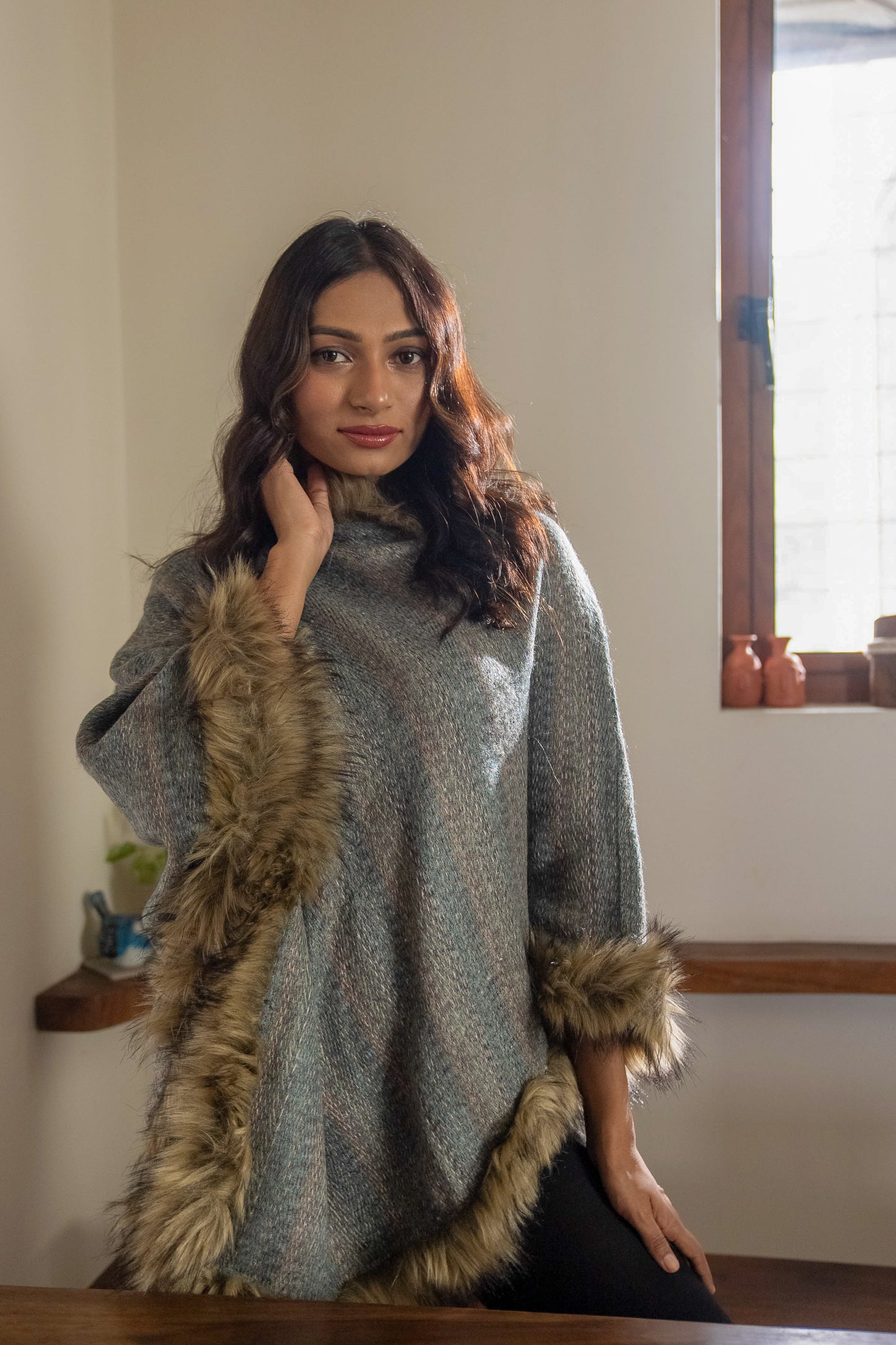 Light Blue Mohair Wool Poncho